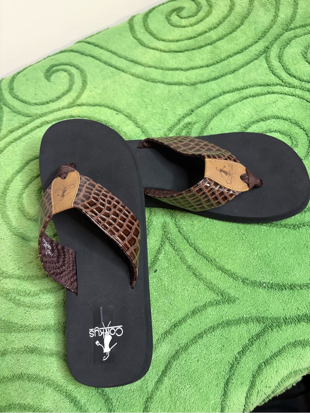 brown crocodile-textured faux patent leather Corkys Lumi flip flops